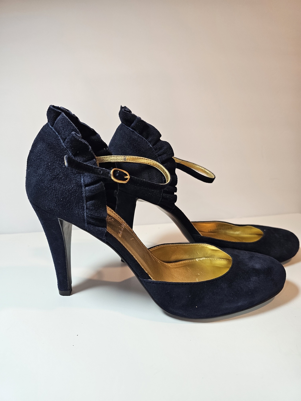 J. Crew Navy Suede Ruffle Ankle-Strap Pumps with Gold Lining